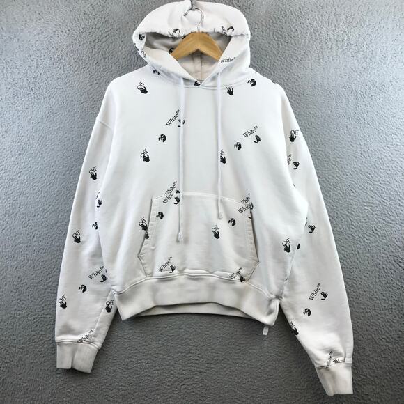 OFF-WHITE All Over Logo White Pullover Designer Hoodie Men's S
